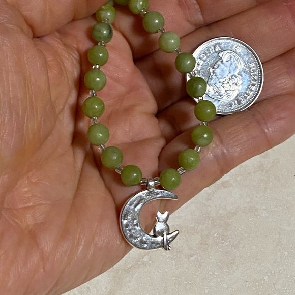 Serpentine Silver Cat on the Moon Necklace, Genuine Gemstone Beaded Necklace - Picture 9 of 9